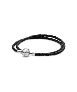Pandora Double Black Leather Joia Pulseira Mulher 590745CBK