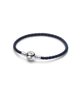 Pandora Moments Round Clasp Blue Braided Leather Joia Pulseira Mulher 592790C01